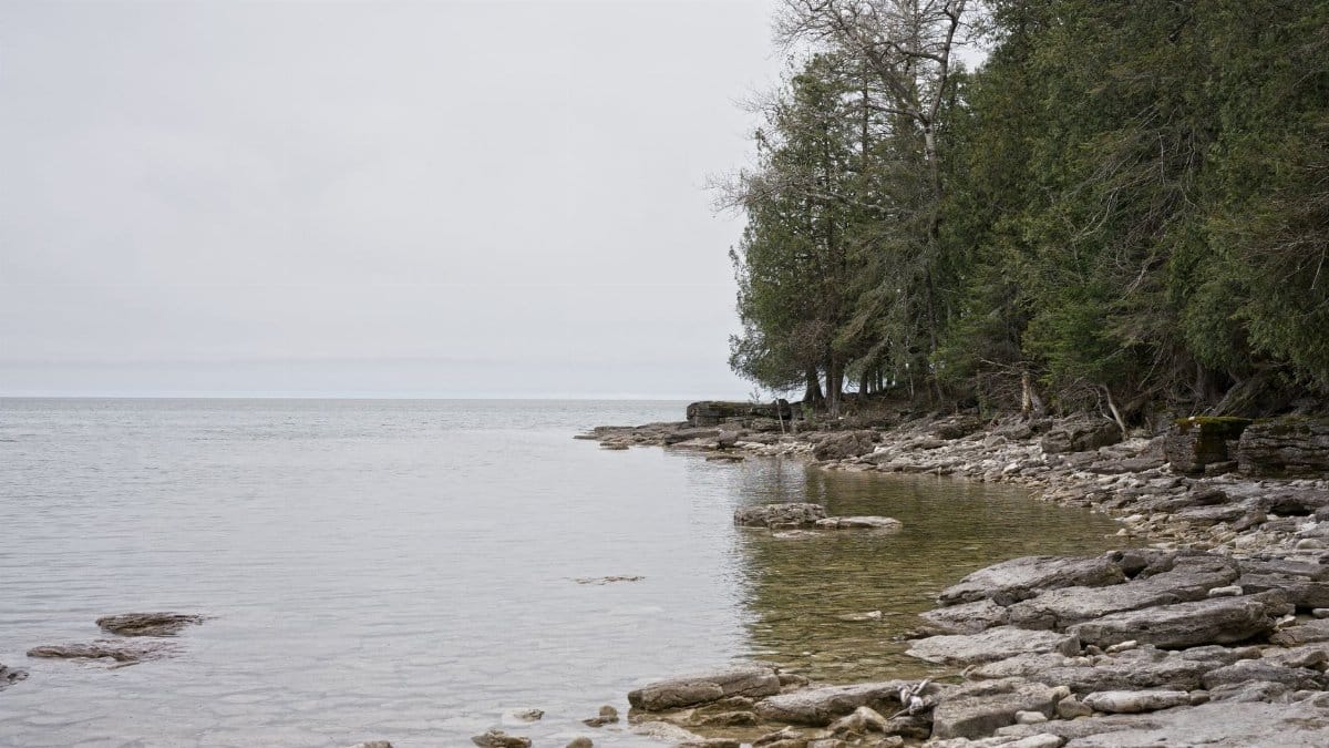 Serene view of a rocky shoreline with trees along the coast in Wisconsin, USA.
