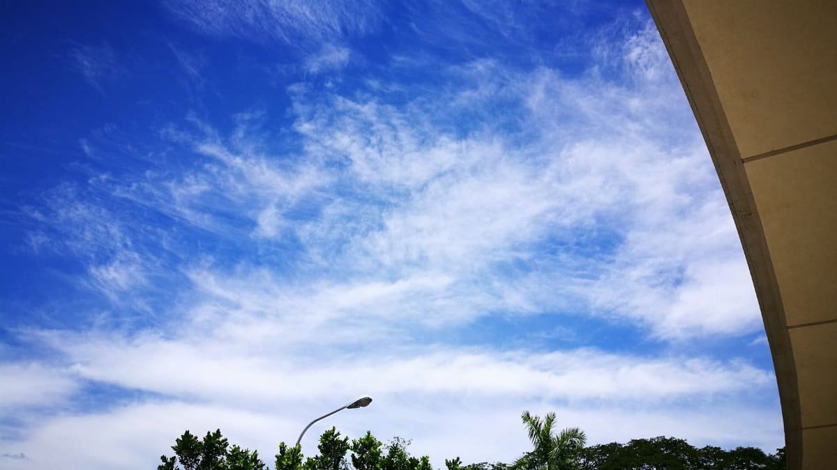 Bright blue sky with fluffy clouds, street lamps, and green tree tops.