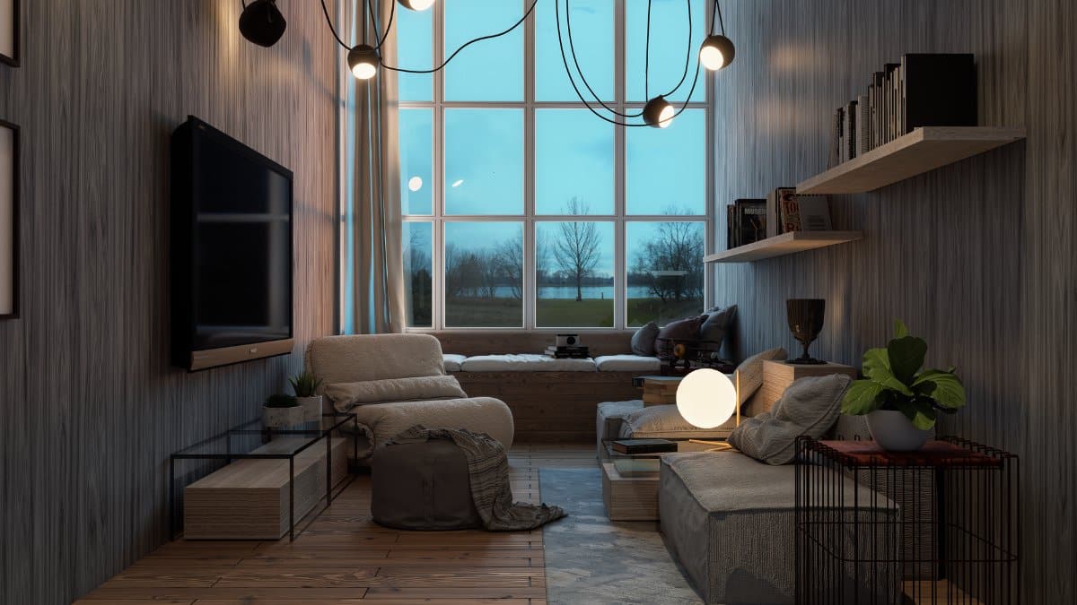 Modern living room with large window view, stylish lighting, and cozy seating.