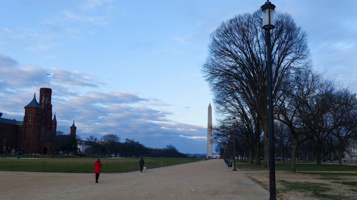 Scenic view of the National Mall with Washington Monument and Smithsonian Castle, Washington DC at dawn.