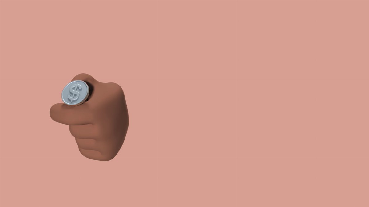 3D rendered hand holding a dollar coin, ready to flip, on a beige background.