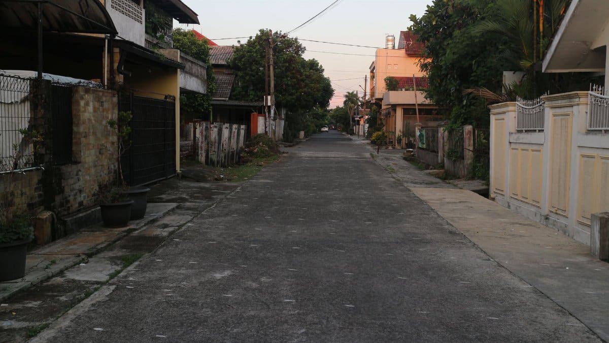 Empty residential street lined with houses and trees at dusk, offering a serene urban scene.