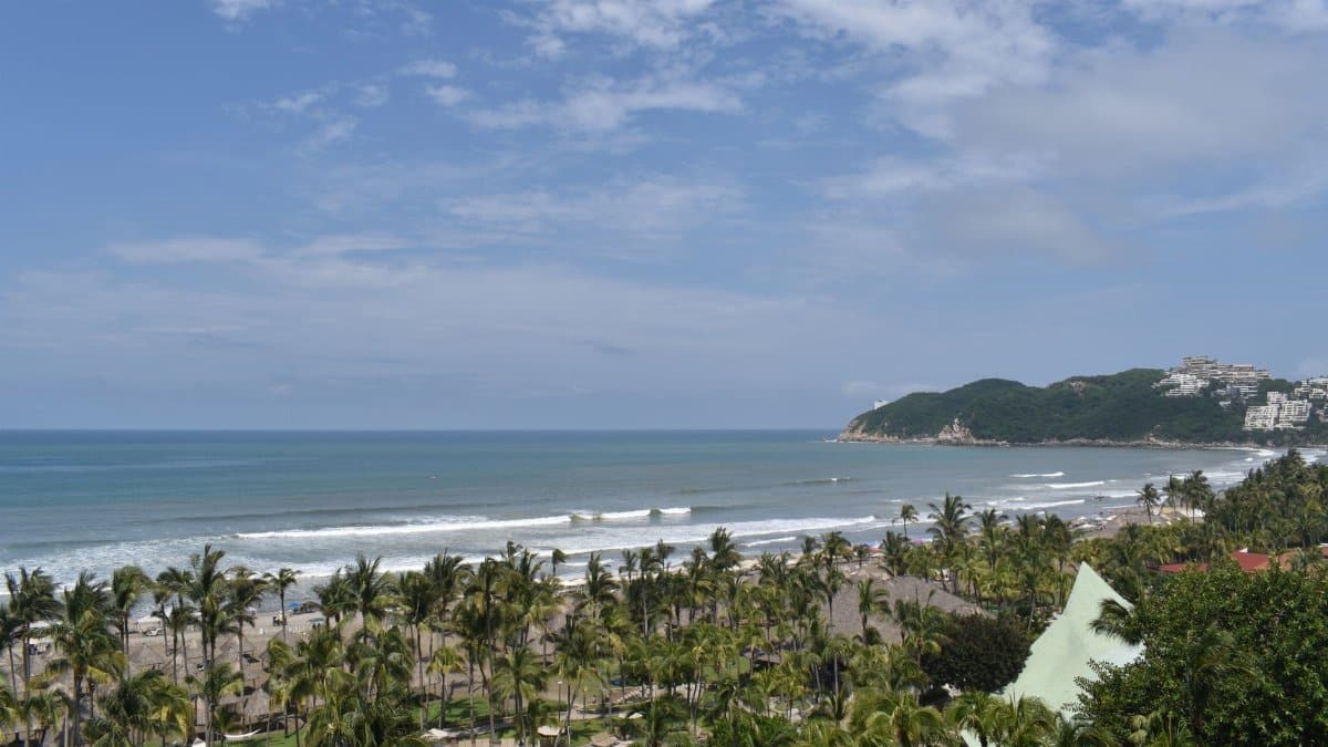Stunning aerial view of Acapulco's beach, ocean, and palm trees under a bright summer sky.