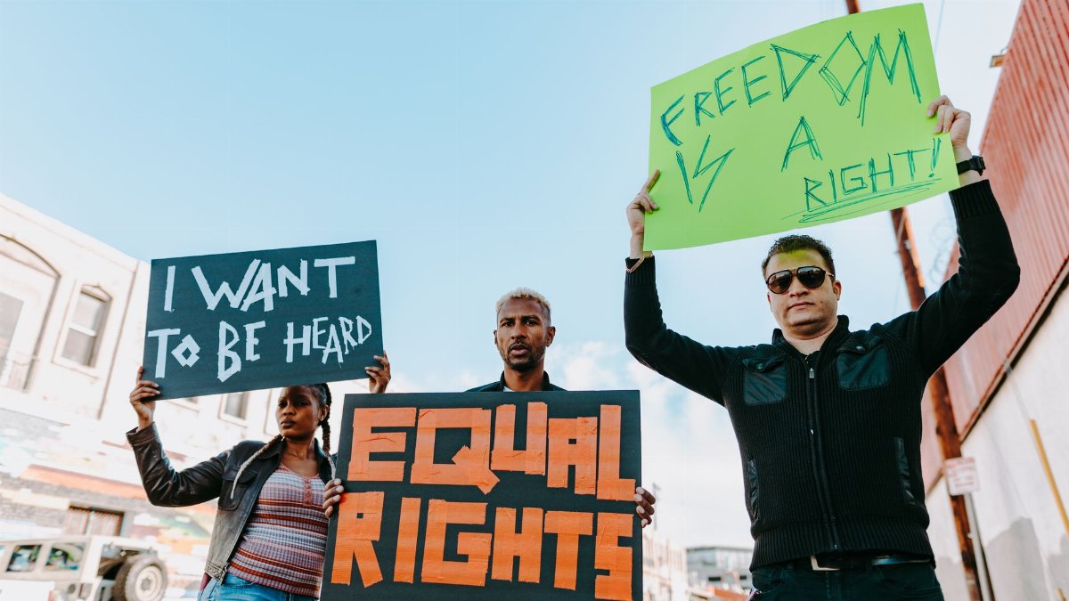 A diverse group of individuals hold protest signs advocating for equality and freedom.