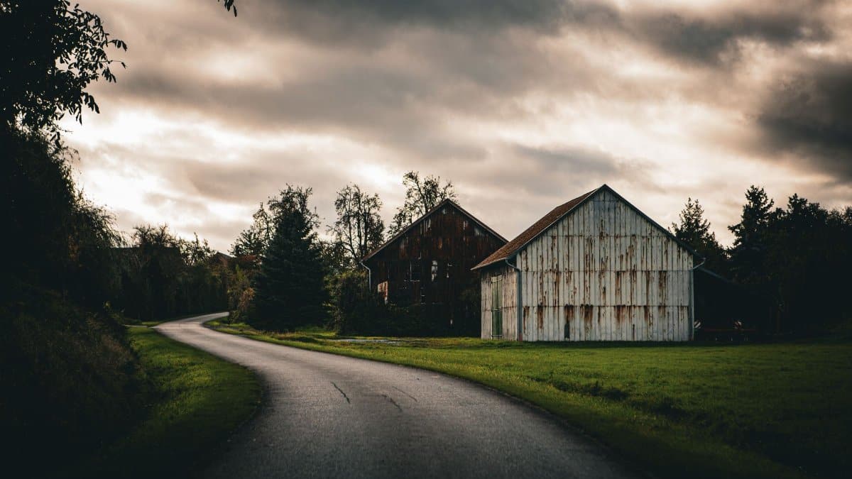 Serene rural landscape with barns at dusk along a winding country road.
