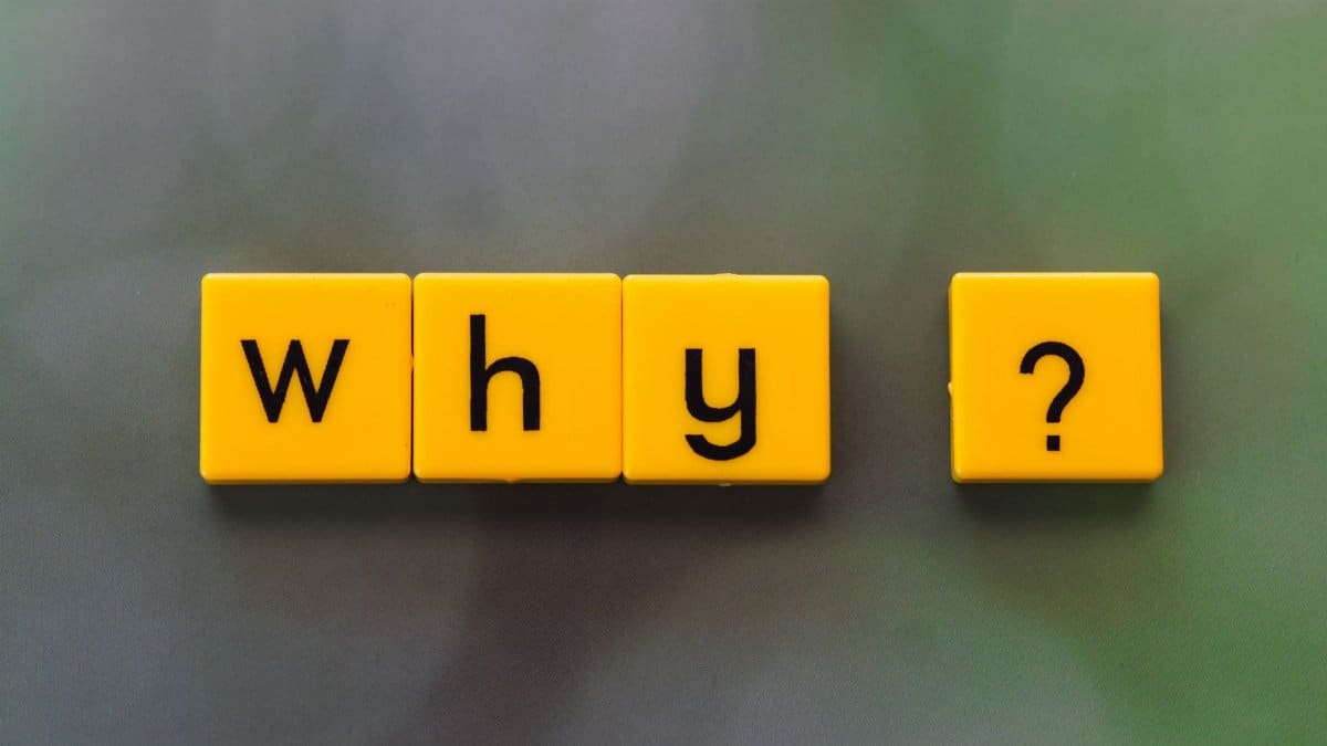 Yellow letter tiles spelling 'why?' create a thought-provoking scene on a green blurred background.