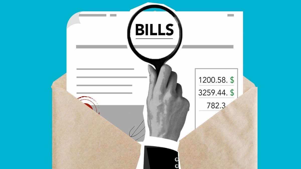 Cutout paper composition of male with magnifier received expensive taxes and payments on blue background