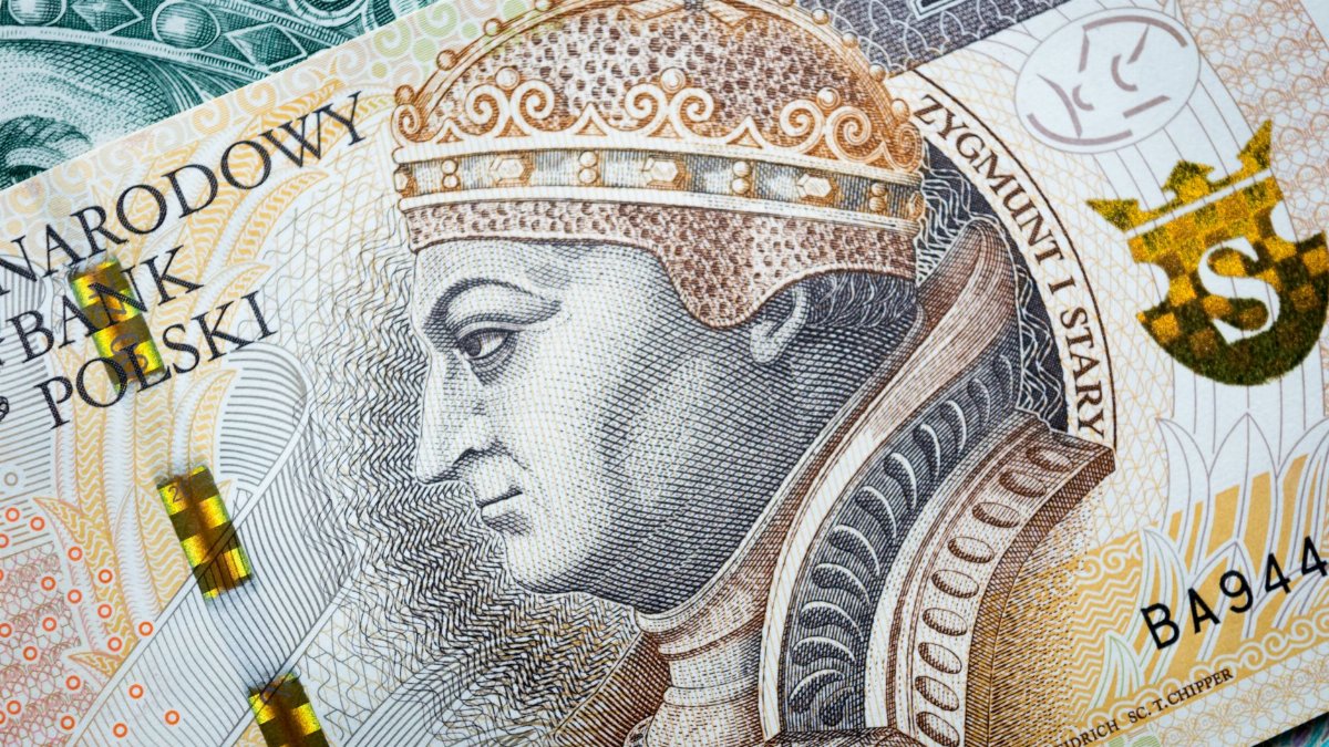 Detailed close-up of Polish currency depicting King Sigismund I, highlighting intricate patterns.
