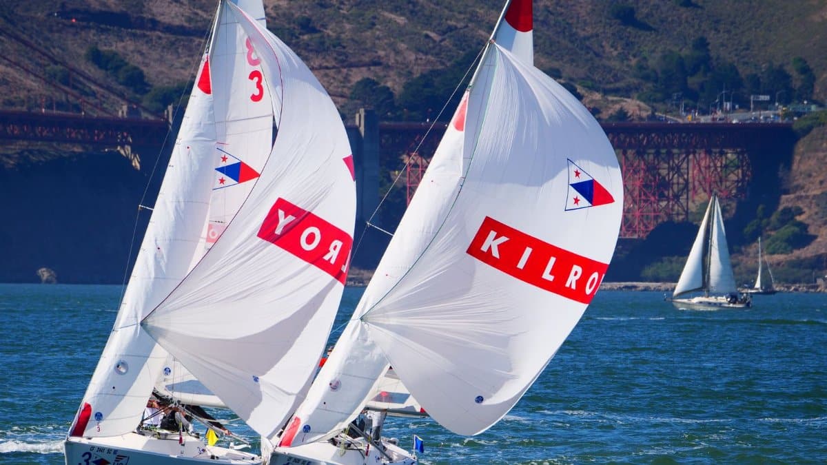 Dynamic sailboat race in the scenic San Francisco Bay with iconic bridge view.