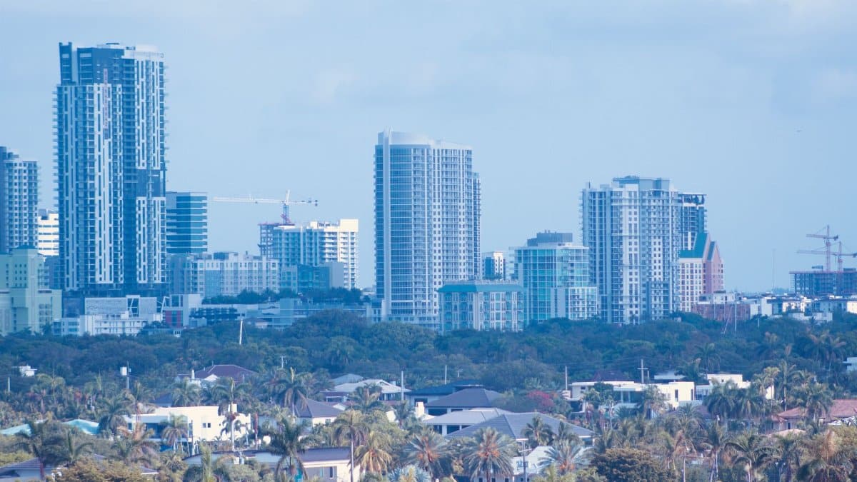 Modern urban skyline with high-rise buildings and palm trees under clear blue sky.