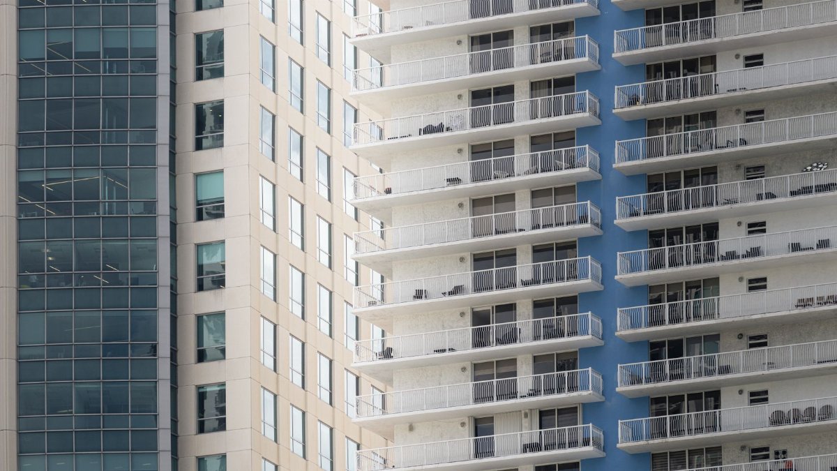 Close-up view of modern high-rise building facades in Miami, Florida, showcasing urban architecture.