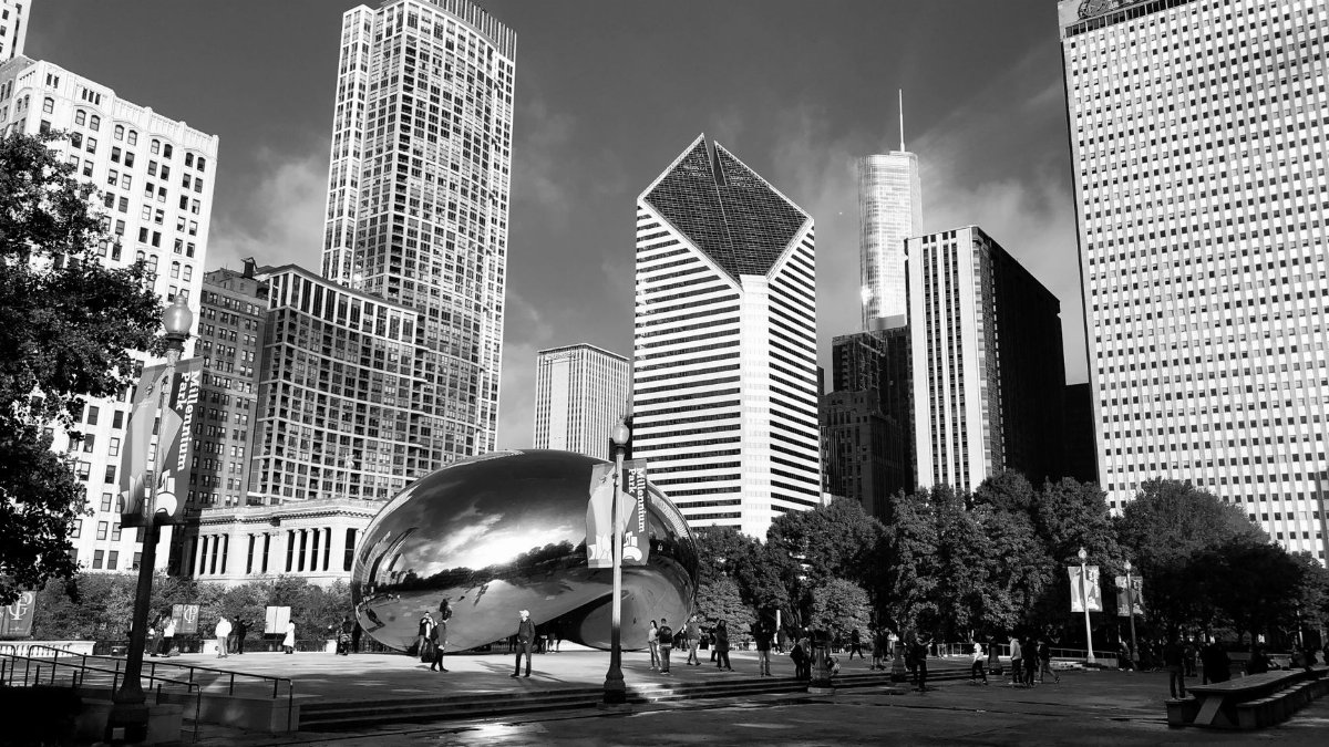 Black and white capture of Cloud Gate and Chicago skyline, showcasing urban architecture and geometry.