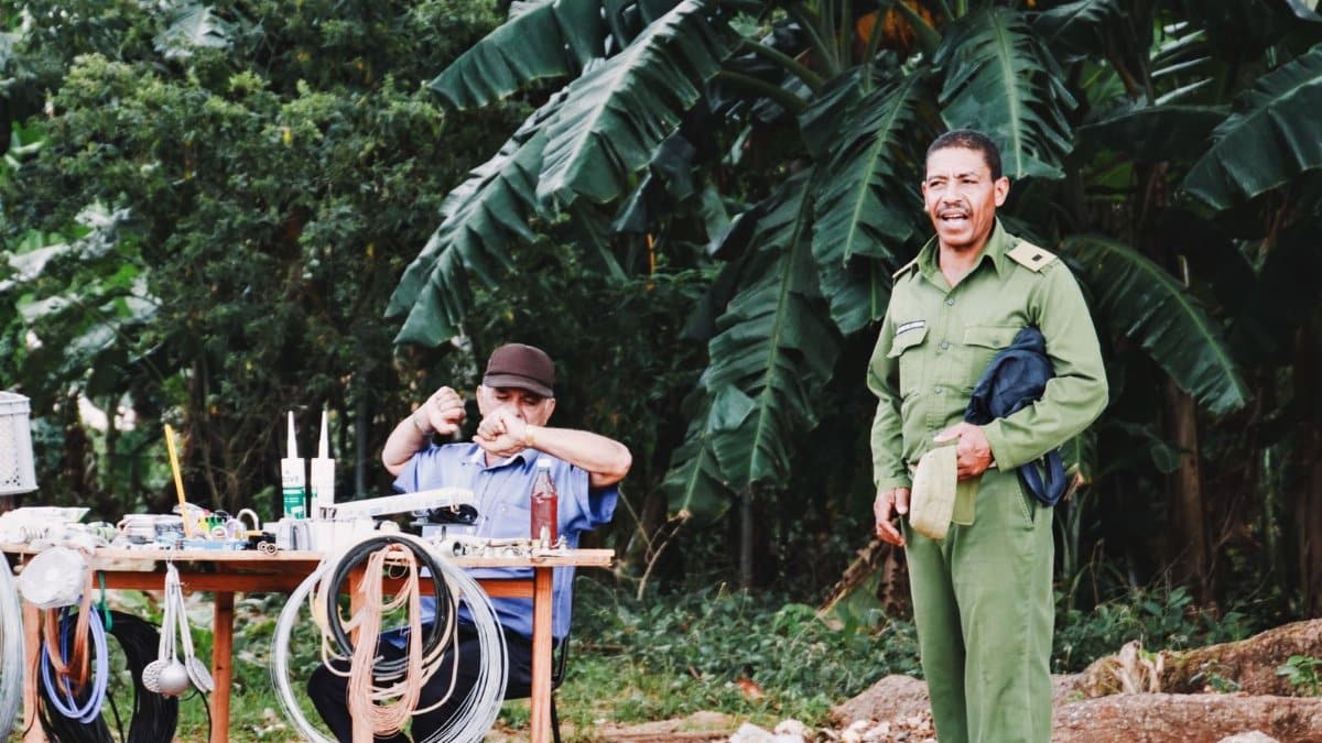 Two men engaging in work setup amidst lush greenery, with equipment and tools on a table.