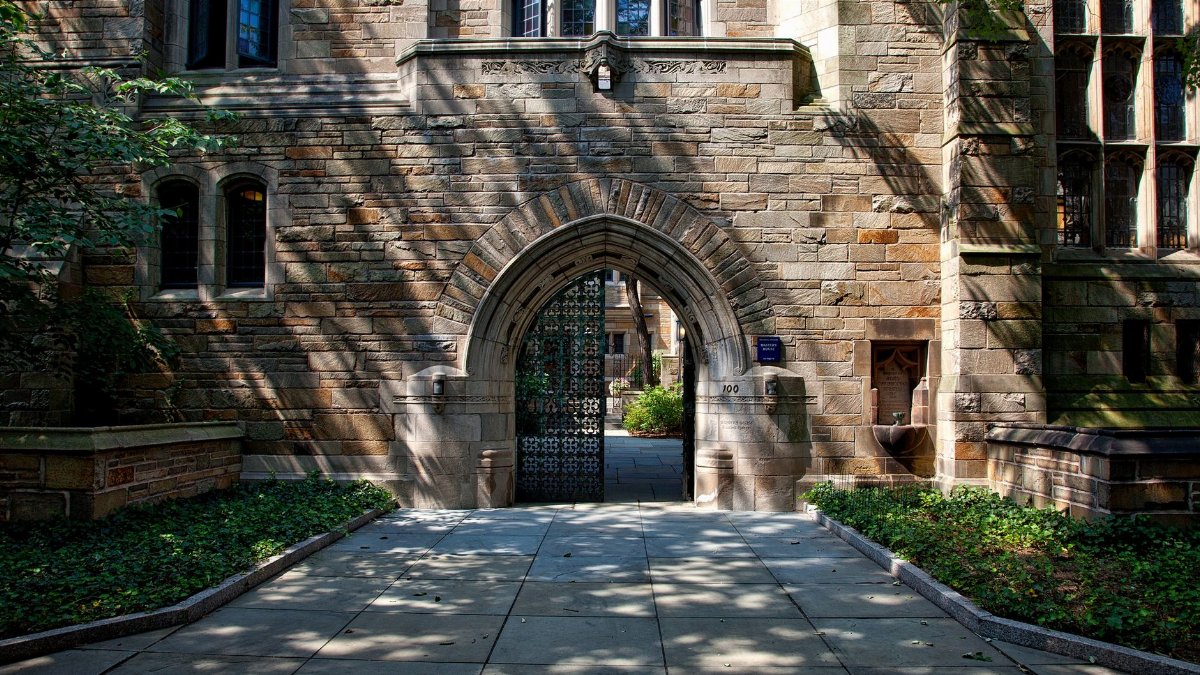 Gothic-style stone archway entrance at Yale University campus, surrounded by greenery.