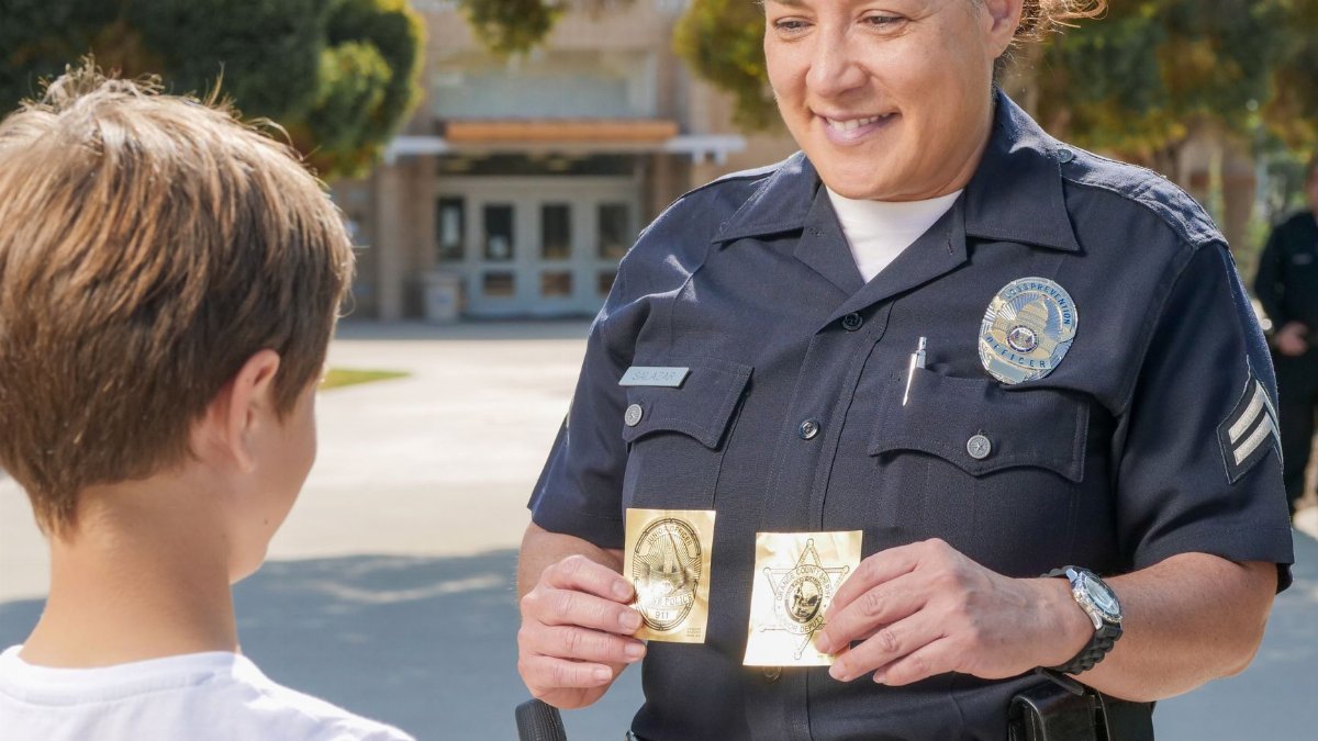 A friendly police officer shows a badge to a young boy in a community setting.