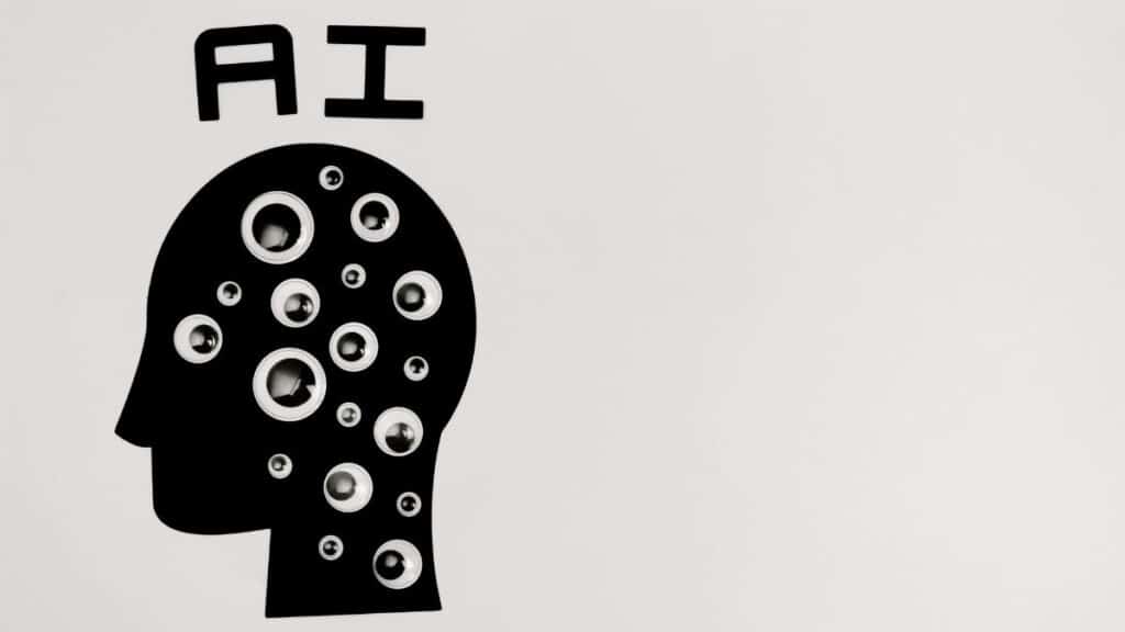 Abstract illustration of AI with silhouette head full of eyes, symbolizing observation and technology.