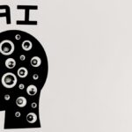 Abstract illustration of AI with silhouette head full of eyes, symbolizing observation and technology.