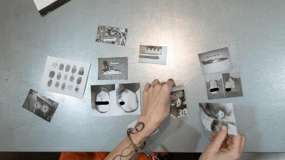 A handcuffed person examines evidence photos on a table, indicating a crime investigation scene indoors.
