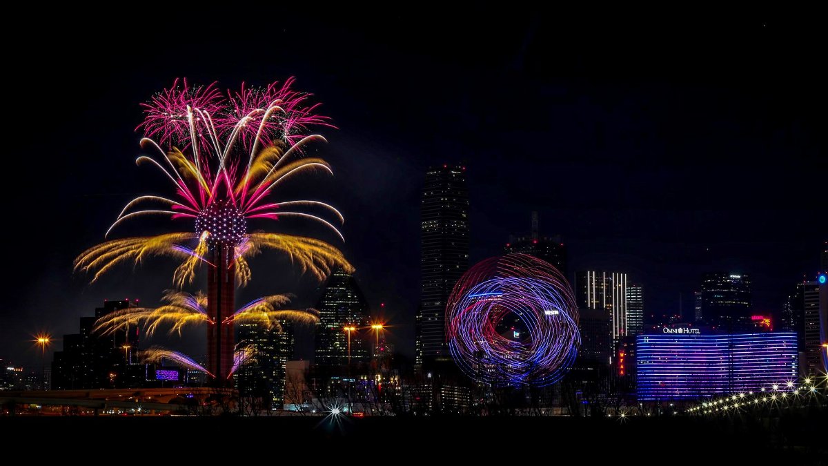 Vibrant fireworks display over the Dallas skyline, capturing the New Year's Eve celebration at night.