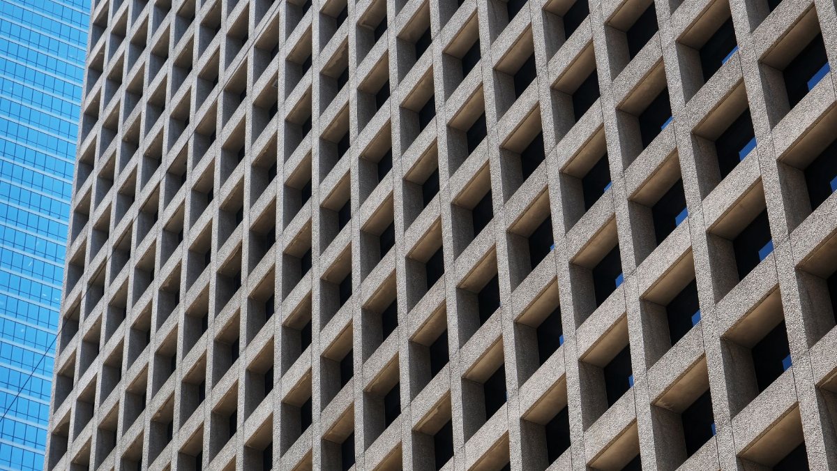A detailed shot of modern architectural design featuring geometric patterns in downtown Dallas, Texas.