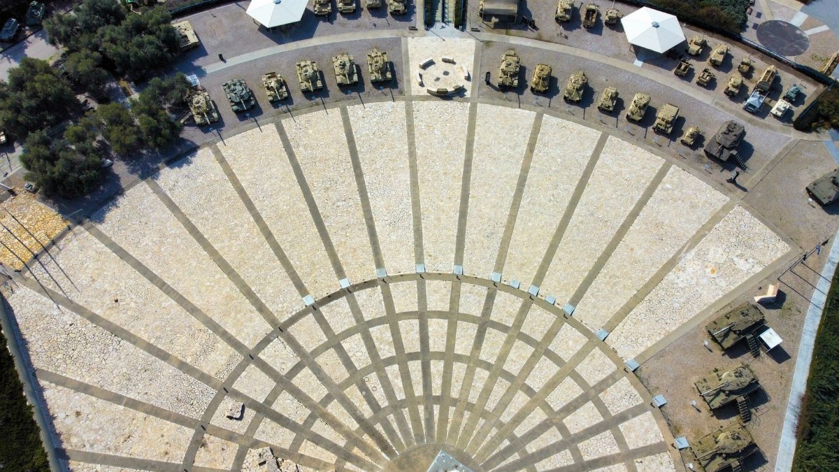 Drone shot of military vehicles displayed outdoors in a museum, Jerusalem, Israel.