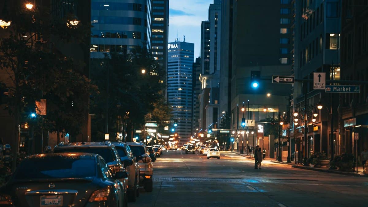 Explore the bustling streets of downtown Denver, Colorado, captured in stunning detail during the soft evening light.