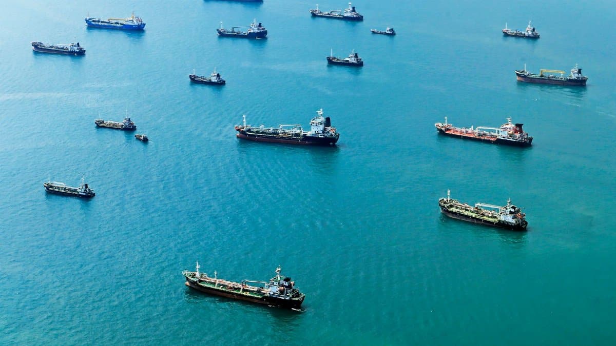 Numerous cargo ships anchored on the blue ocean, captured from above.