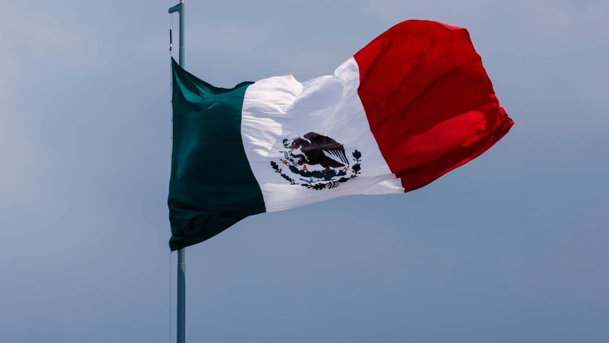 The Mexican flag proudly waves against a clear blue sky in Ciudad de México, showcasing its national symbol.