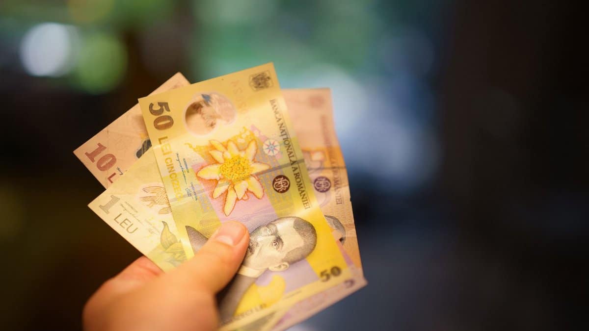 Hand holding Romanian Lei banknotes in a blurred indoor setting, highlighting currency details.