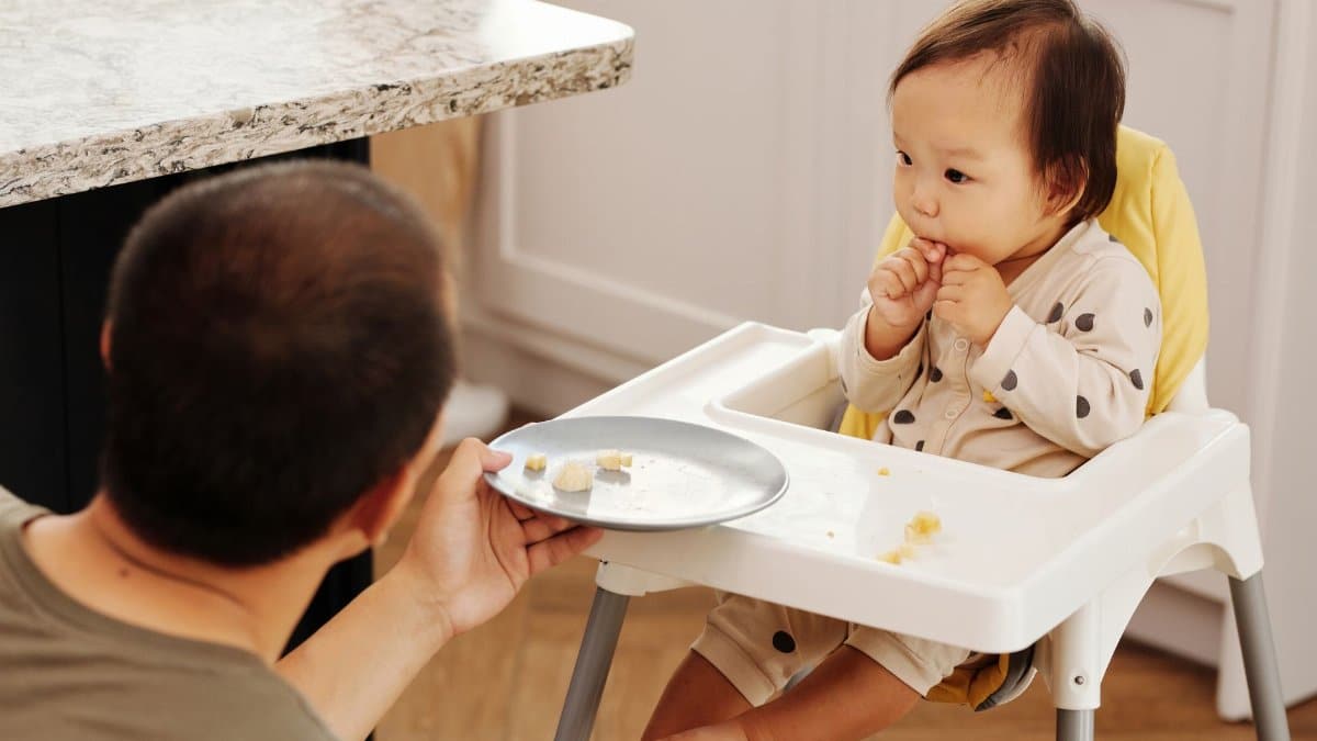 Adorable baby in a high chair eating while a parent offers food, indoors.