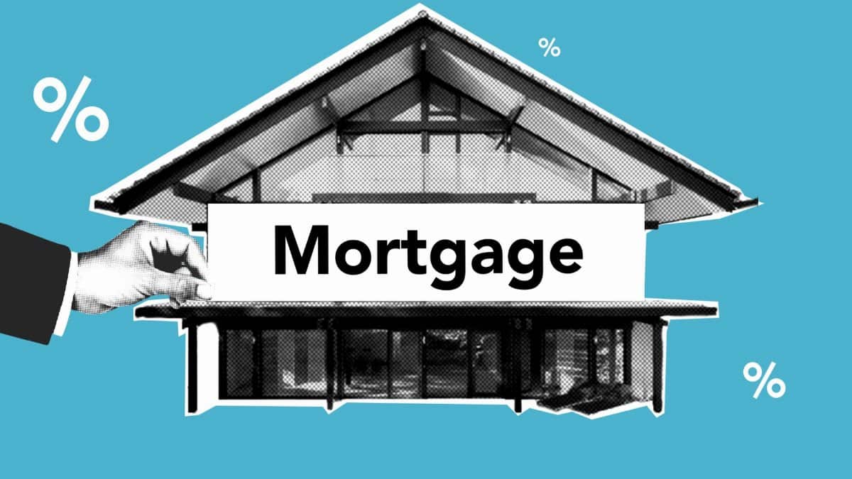 Cutout paper composition of realtor with inscription mortgage over house for purchases with payment of interest on amount of cost