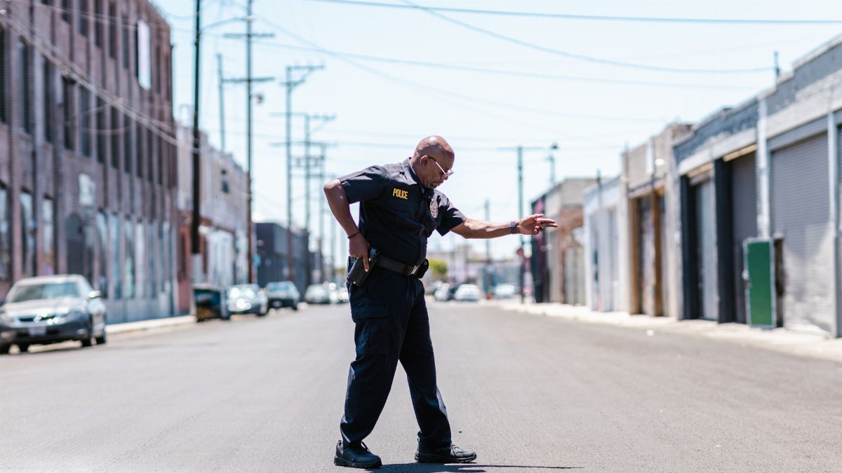 A police officer poses confidently on a sunny urban street. Perfect for law enforcement themes.