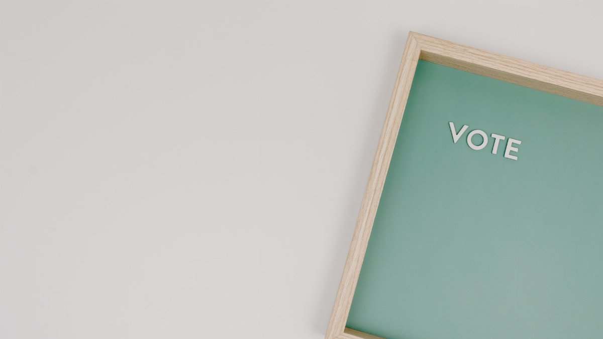 A minimalist photo of a wooden frame displaying the word 'Vote' on a green background, ideal for election themes.