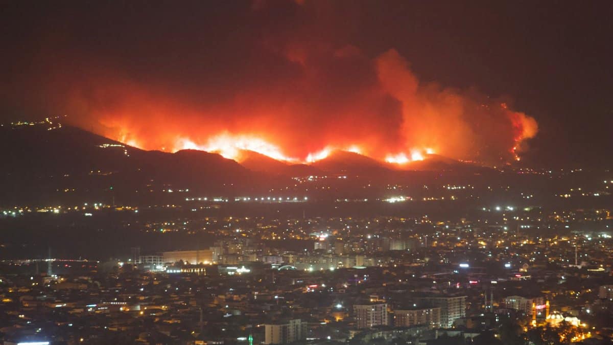 Aerial view of city with blazing wildfires illuminating the night sky.