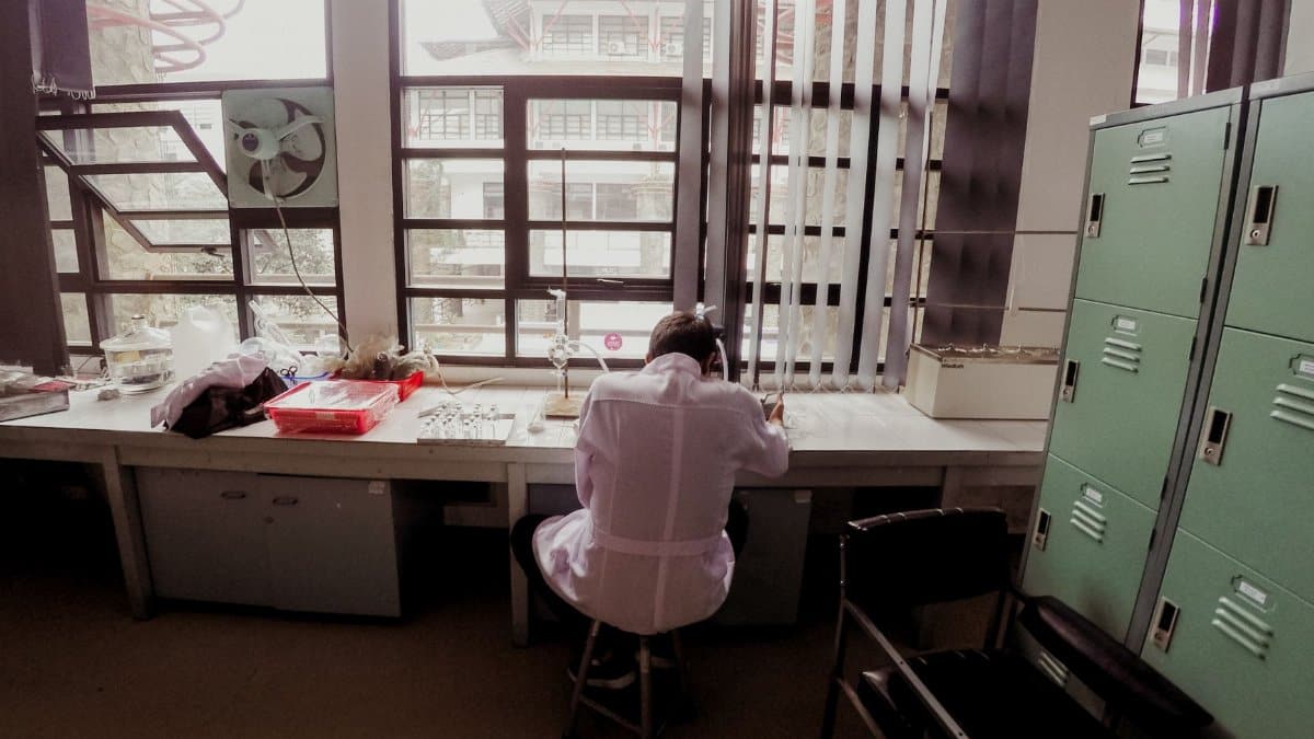 Back view of a scientist working in a laboratory in Jawa Barat, Indonesia. Glass windows provide natural light.