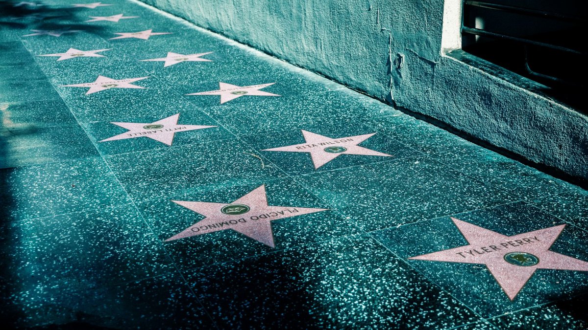 View of Hollywood Walk of Fame with stars on the sidewalk in Los Angeles, California.
