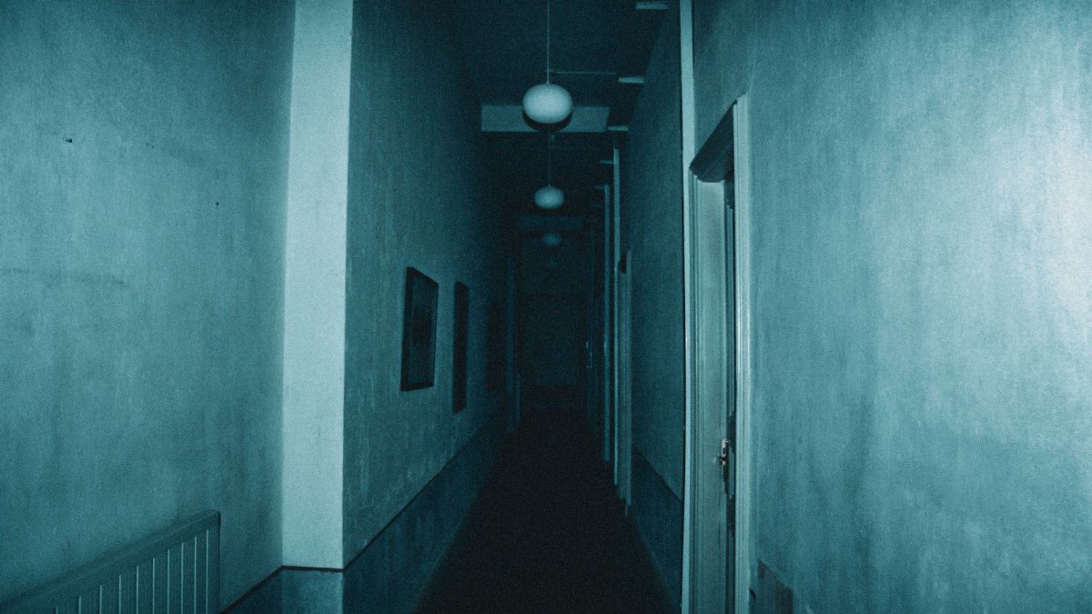 Eerie narrow hallway with dim lighting and an unsettling atmosphere.
