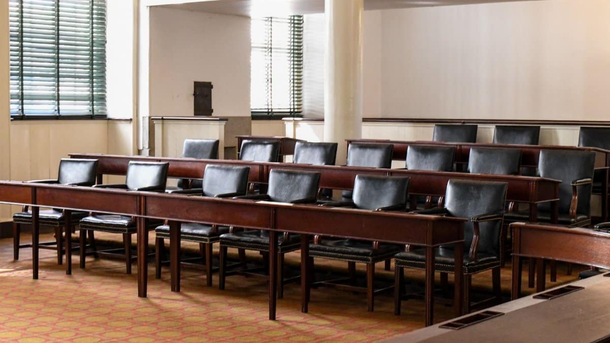 Empty Congress Hall chamber with classic wooden seating in Philadelphia's historic landmark.