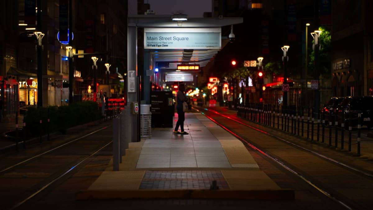 Nighttime view of Main Street Square transit station in Houston, Texas. Urban vibes.