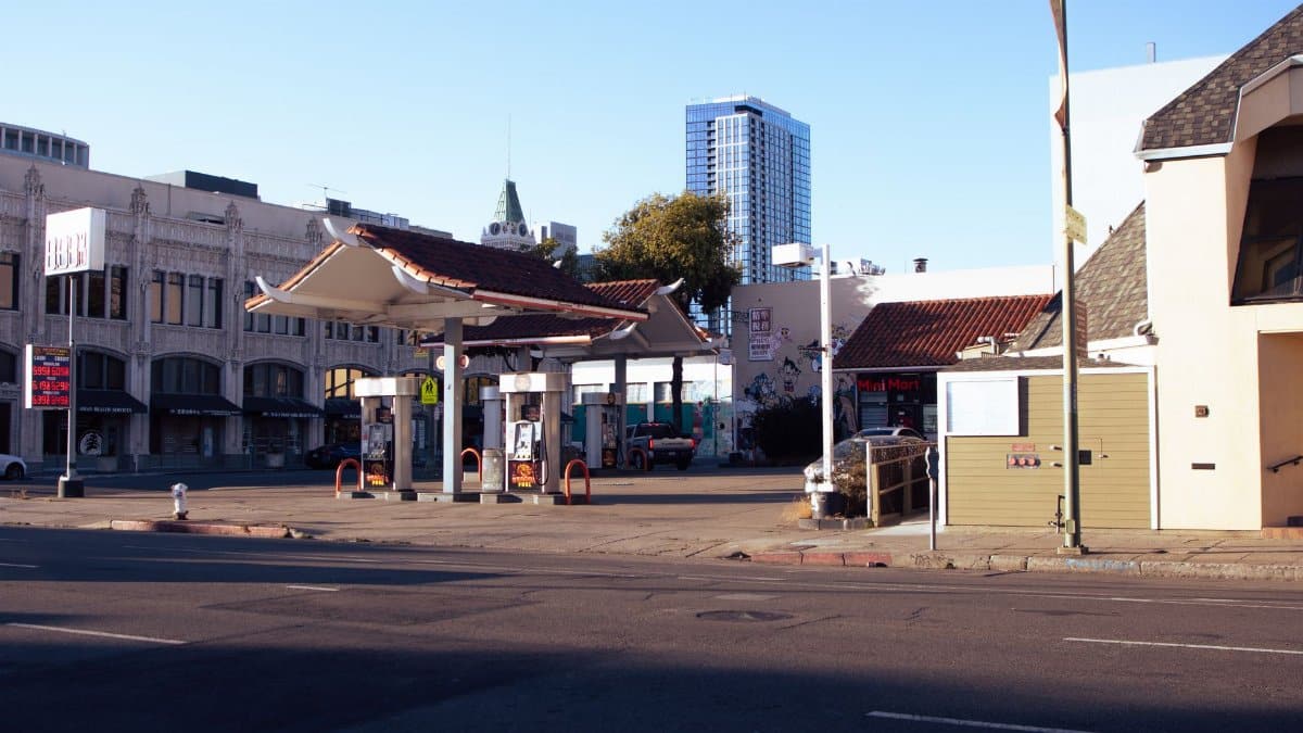 Gas station with vintage architecture in downtown Oakland, California.