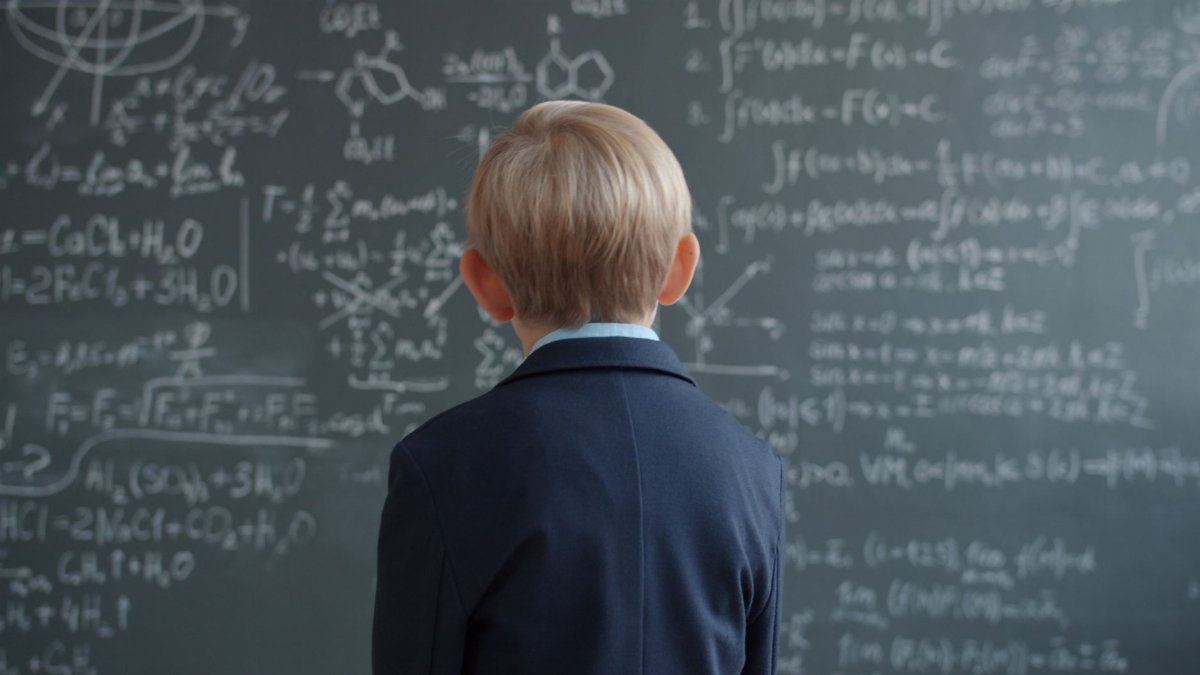 Child in school uniform studying complex math on chalkboard.