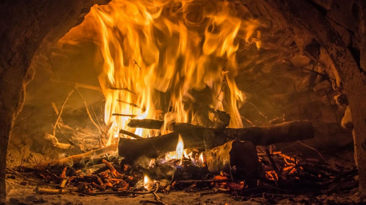 Cozy close-up of a bright fire burning in a traditional brick oven.
