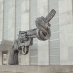 A symbolic sculpture of a knotted gun promoting non-violence at the United Nations in NYC.