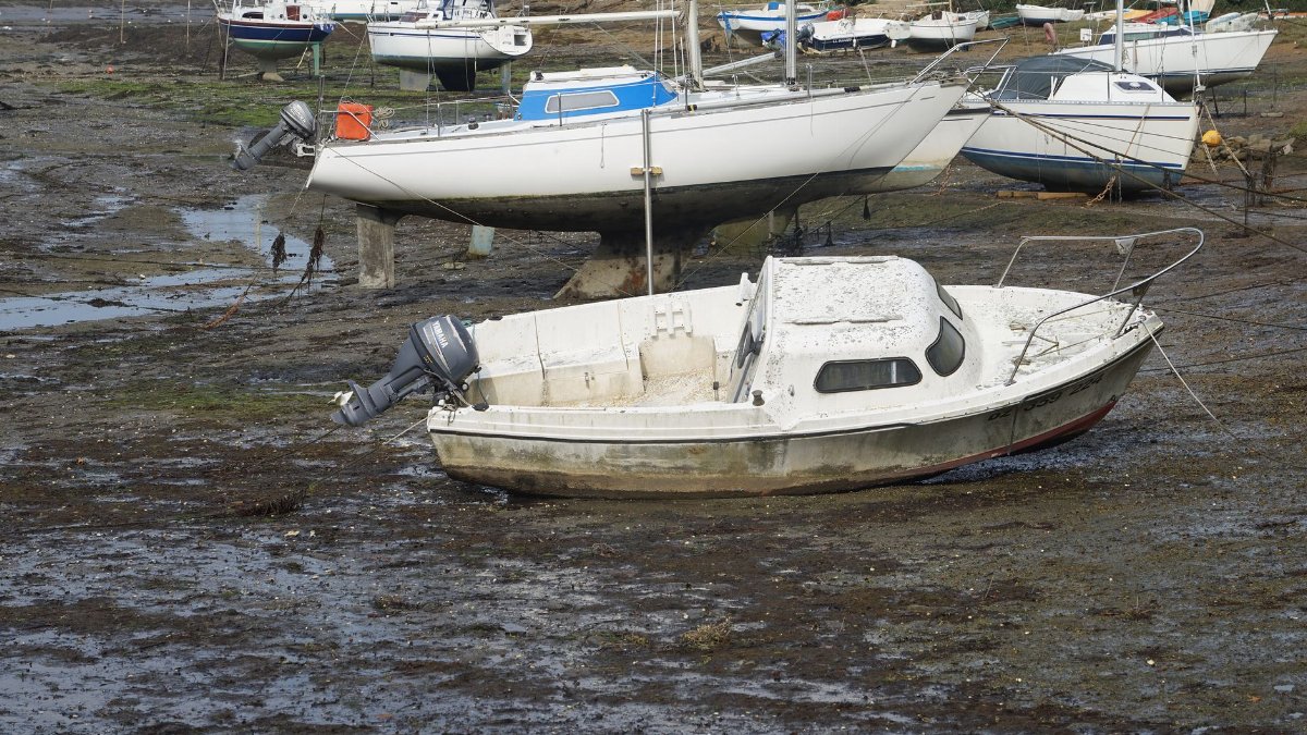 Several boats are seen resting on a muddy shore, stranded by low tide.