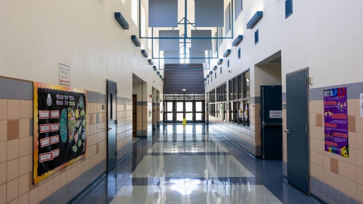 Clean and well-lit empty school hallway with bulletin boards and modern architecture.