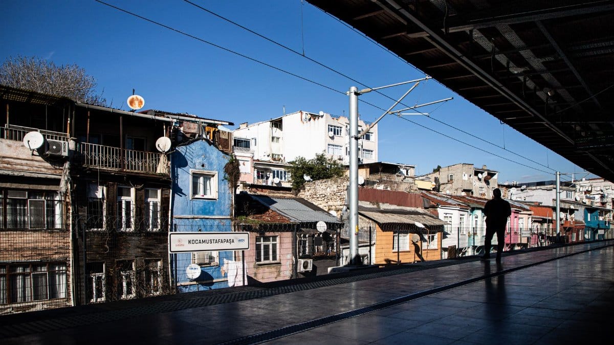View of colorful buildings near Hocamustafapaşa station in Istanbul, captured under bright daylight.