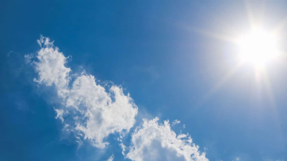 A clear blue sky with fluffy clouds and bright sunshine, representing a perfect summer day.