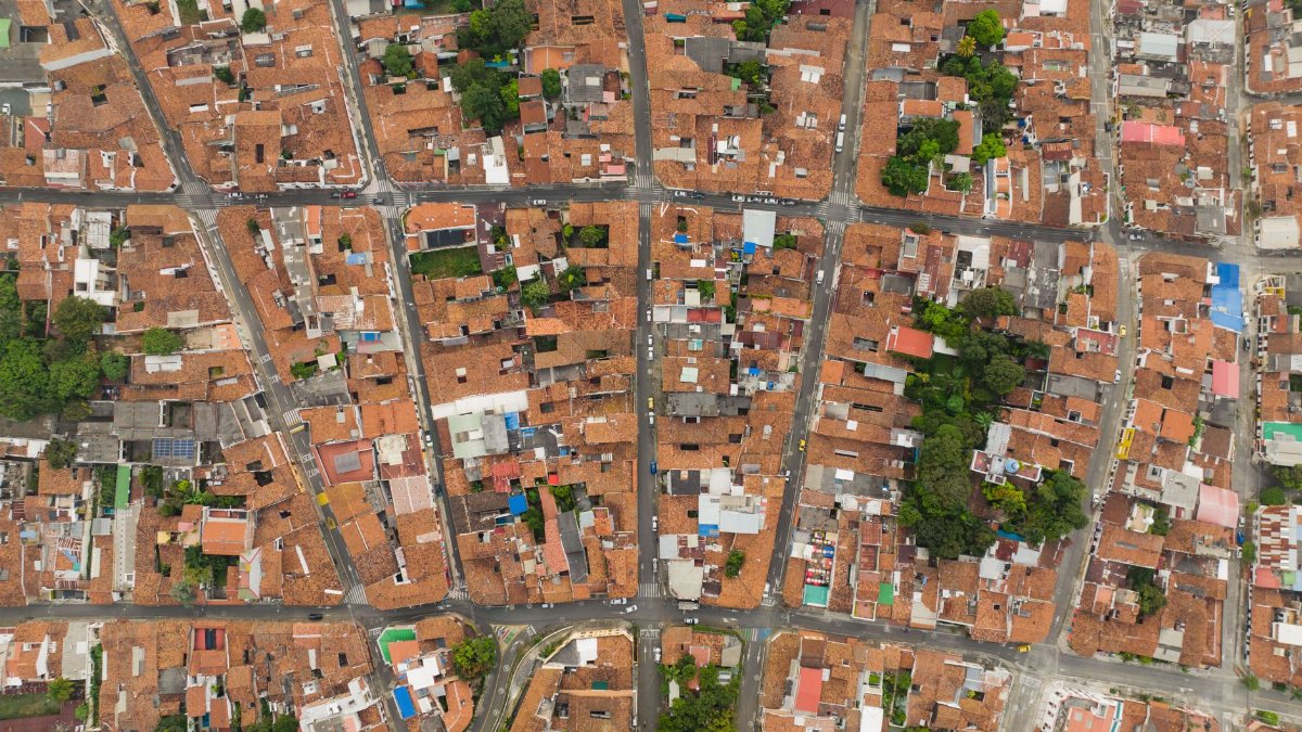 High-angle view of a dense urban neighborhood with red-roofed buildings and tree-lined streets.