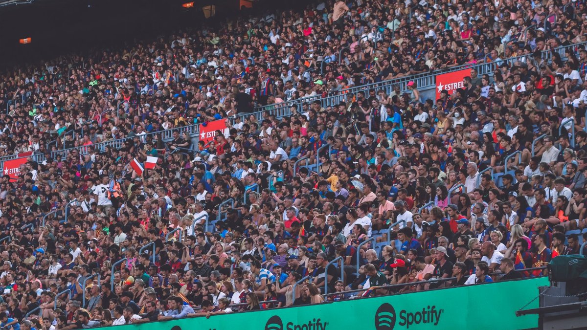 A packed stadium with enthusiastic fans cheering, showcasing diverse spectators.