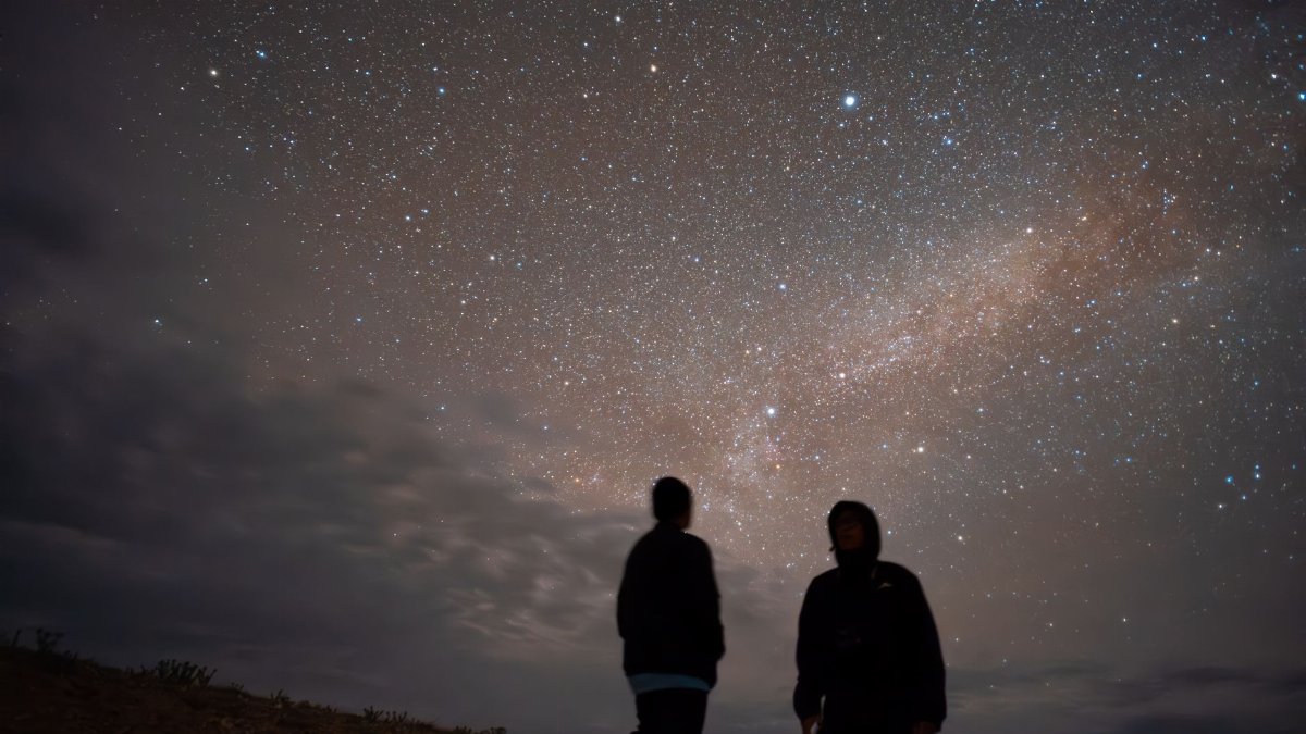 Two people silhouetted against a bright starry night, gazing at the Milky Way.